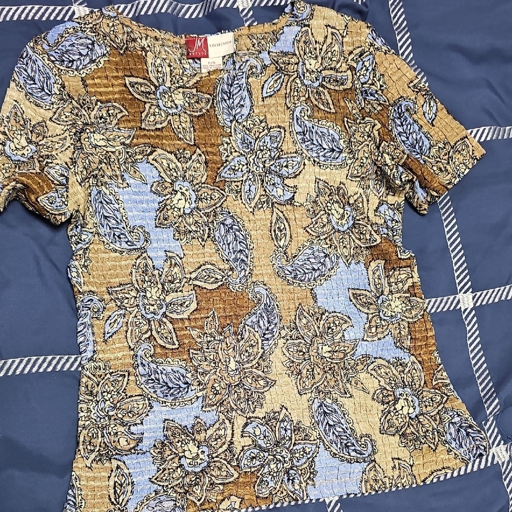 JM Collection Blue and Brown Floral Short Sleeve Top - Picture 2 of 5
